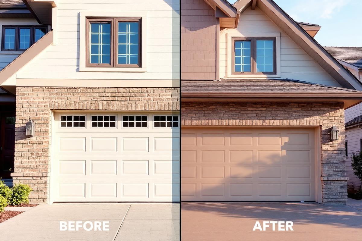 Professional garage door installation team carefully positioning new insulated door panel