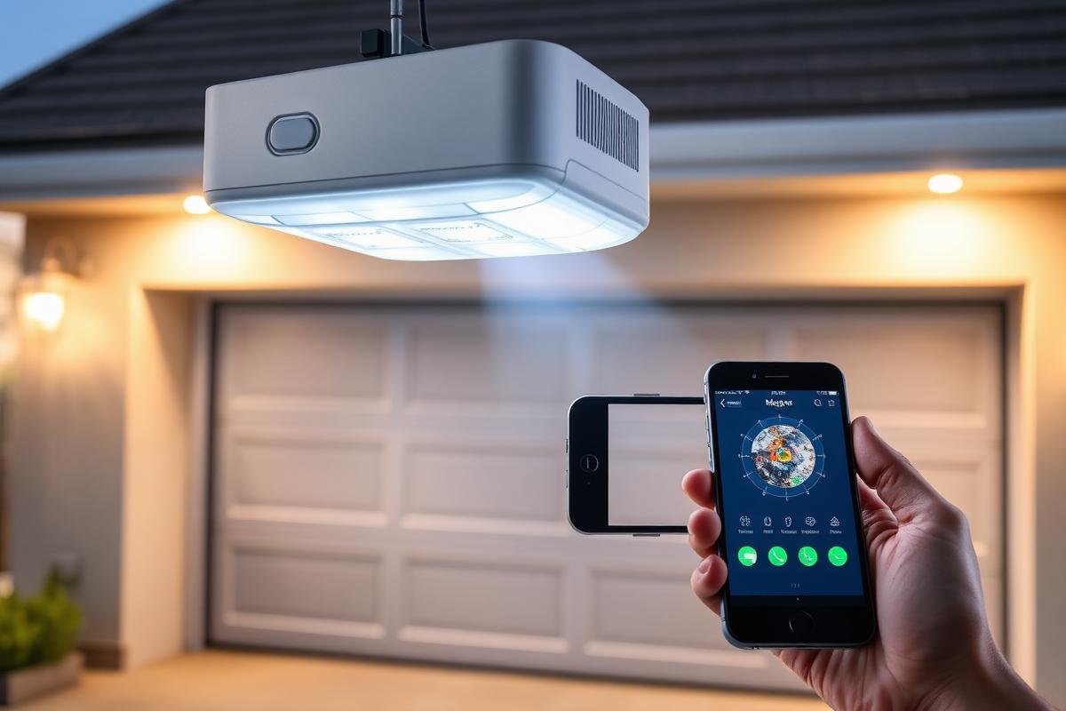Homeowner using smartphone app to control smart garage door opener system